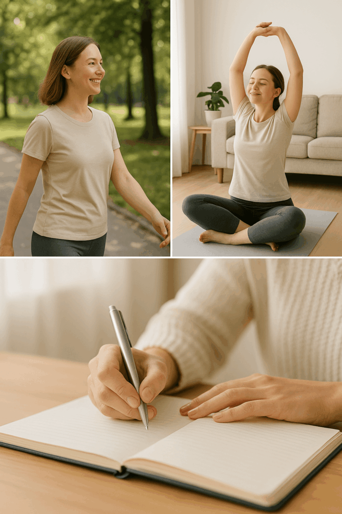 걷기, 스트레칭, 식단 기록으로 다이어트 후 건강 루틴을 실천하는 사람의 일상