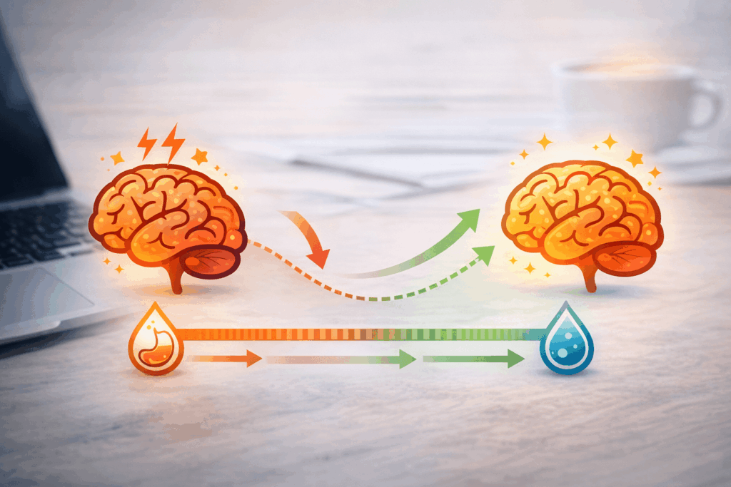 간헐적 단식 중 뇌 에너지 공급 변화(포도당에서 케톤 전환)를 설명하는 인포그래픽 이미지