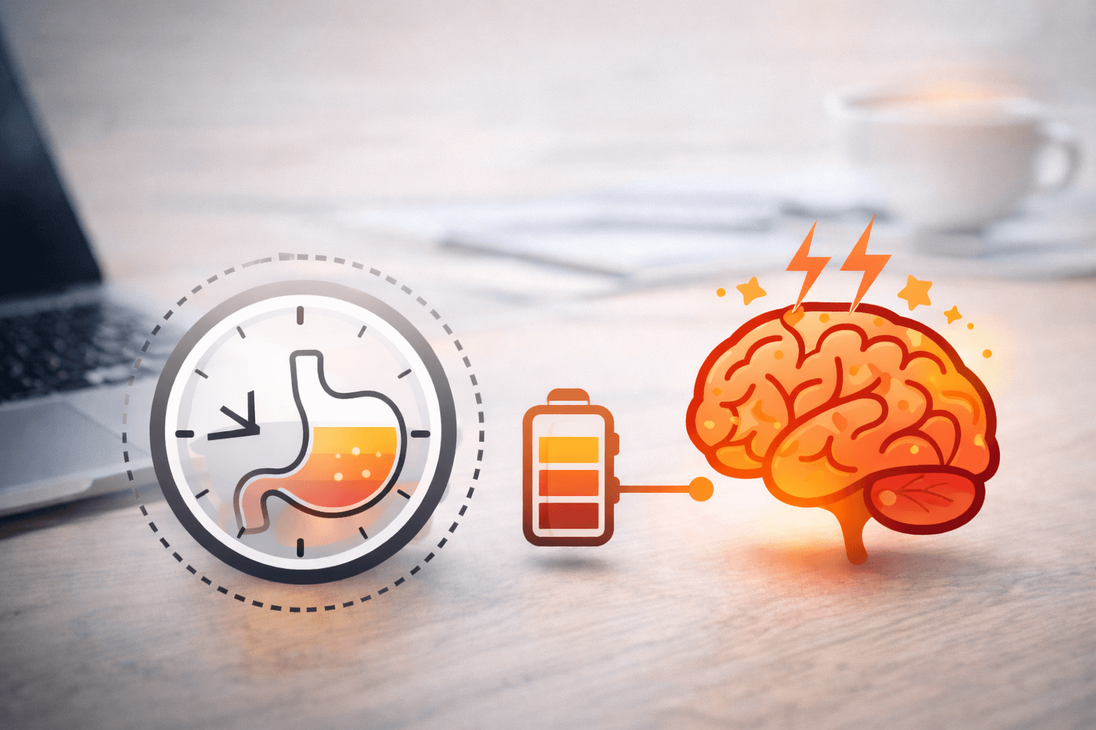 간헐적 단식 집중력 저하를 시각적으로 표현한 이미지 — 공복 시간과 뇌 에너지 저하를 상징하는 그래픽