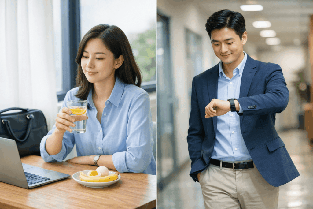 회식후 다이어트 복구를 위해 아침 루틴을 시작하는 직장인의 모습