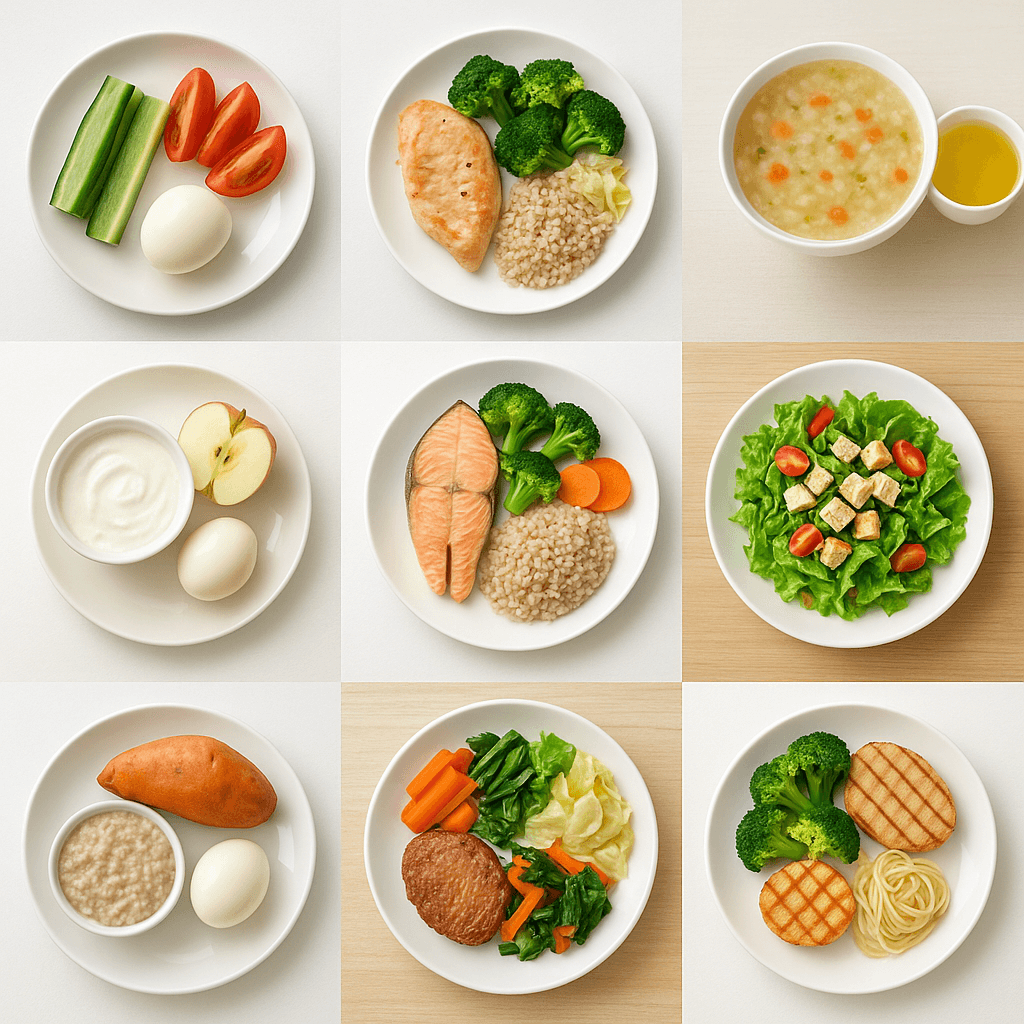 3일 회복 식단을 아침·점심·저녁으로 구성한 3×3 실사 콜라주