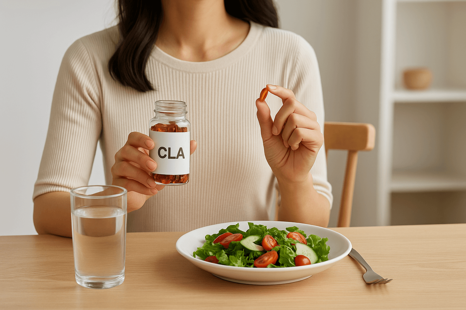 CLA 다이어트 보조제 복통 가스 원인_CLA 다이어트 보조제를 식사와 함께 복용하려는 모습