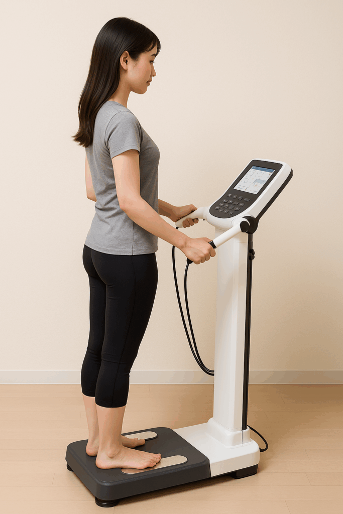 여성이 인바디 기계 위에 서서 체성분을 측정하는 모습