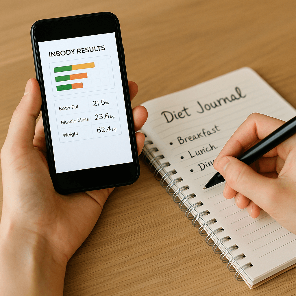 인바디 결과로 식단 조절하는 법 _ 인바디 결과와 식단을 스마트폰과 다이어리에 기록하는 모습