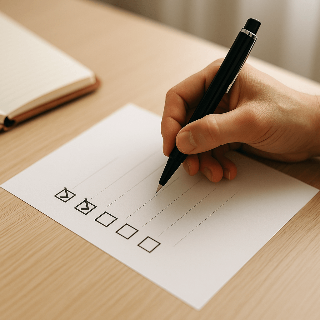 체크리스트를 펜으로 체크하는 모습 체크리스트를 펜으로 체크하는 모습