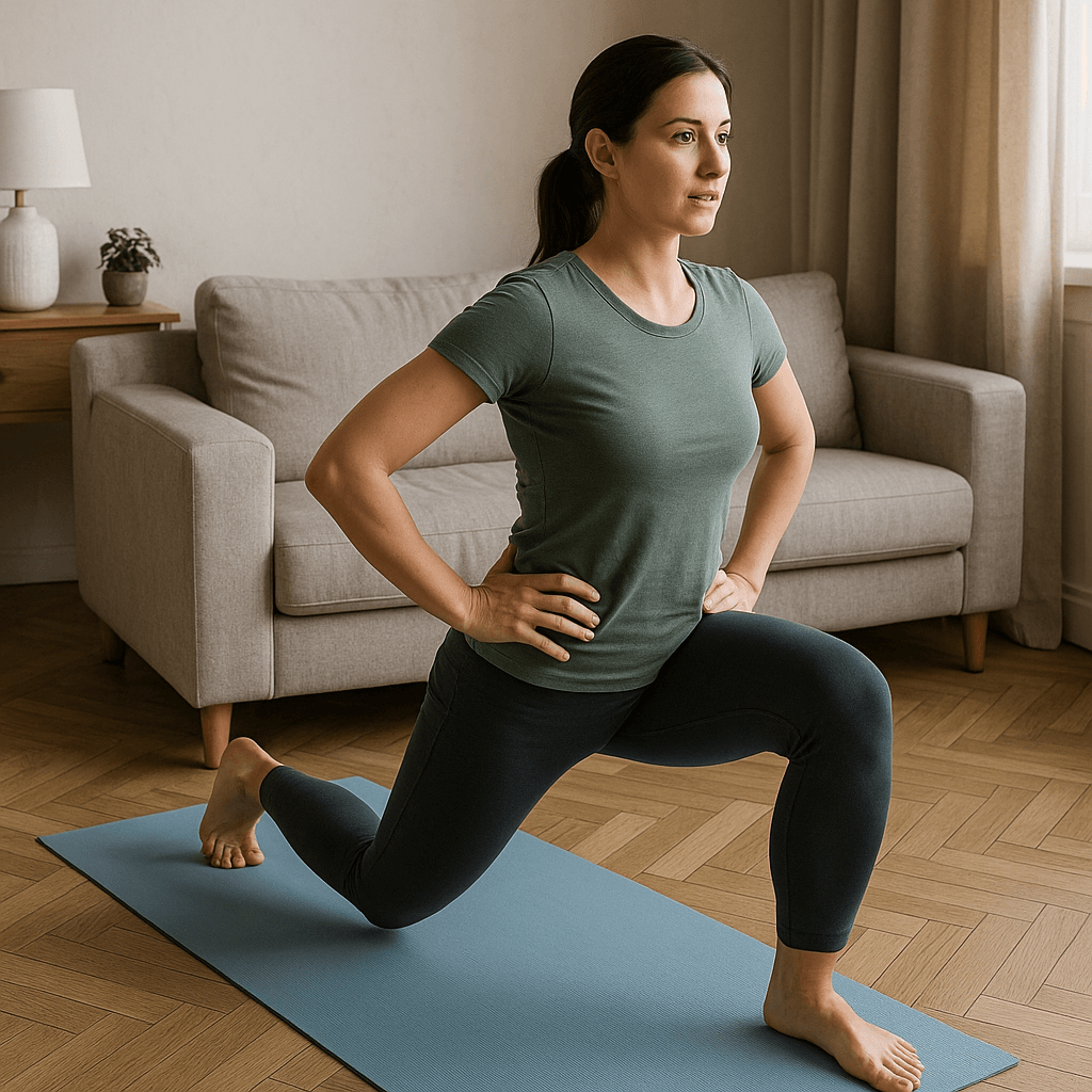 퇴근 후 20분 다이어트 홈트 루틴_런지 자세로 홈트하는 여성