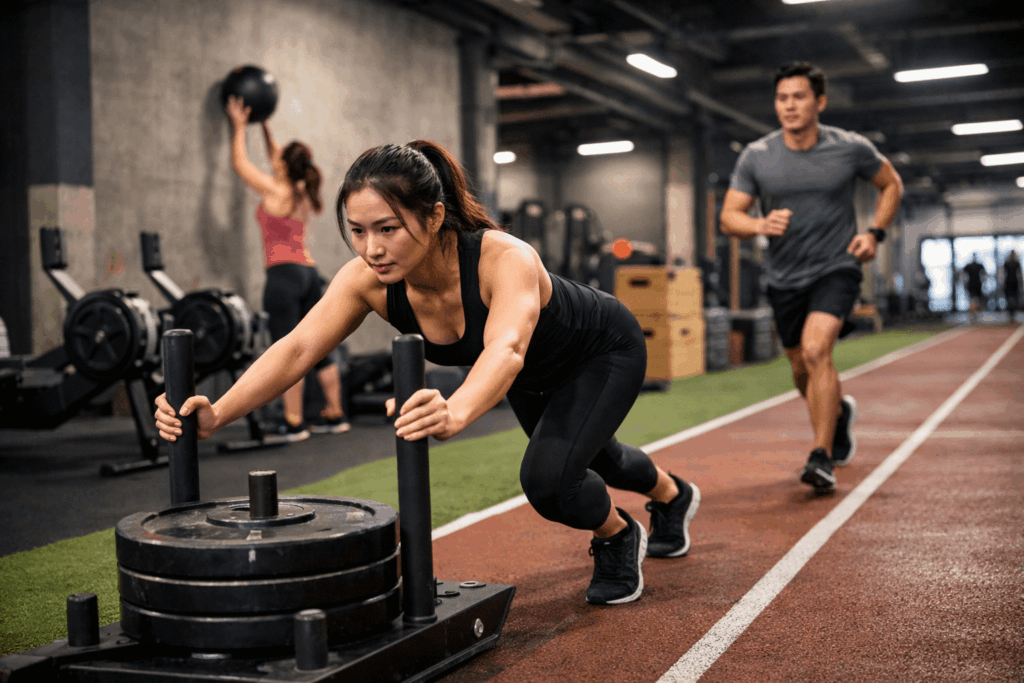 하이록스 초보자가 실내 체육관에서 썰매 밀기와 러닝, 월볼을 결합해 다이어트 준비 훈련을 하는 모습