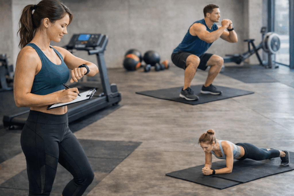 하이록스 초보자들이 실내 체육관에서 썰매 밀기와 러닝을 결합해 다이어트 훈련을 하는 장면