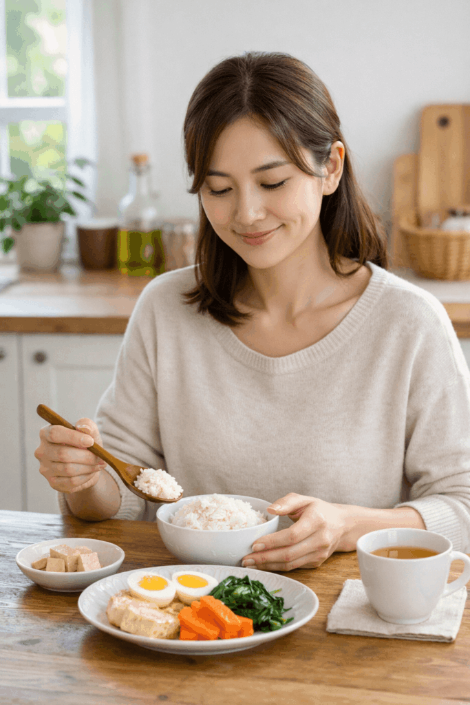 과민성 대장증후군 IBS 저자극 다이어트 식단 조합을 준비하는 편안한 식사 장면