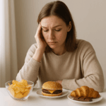 폭식 욕구 줄이는 심리 다이어트 전략 맥락에서 스트레스로 음식 앞에서 망설이는 모습