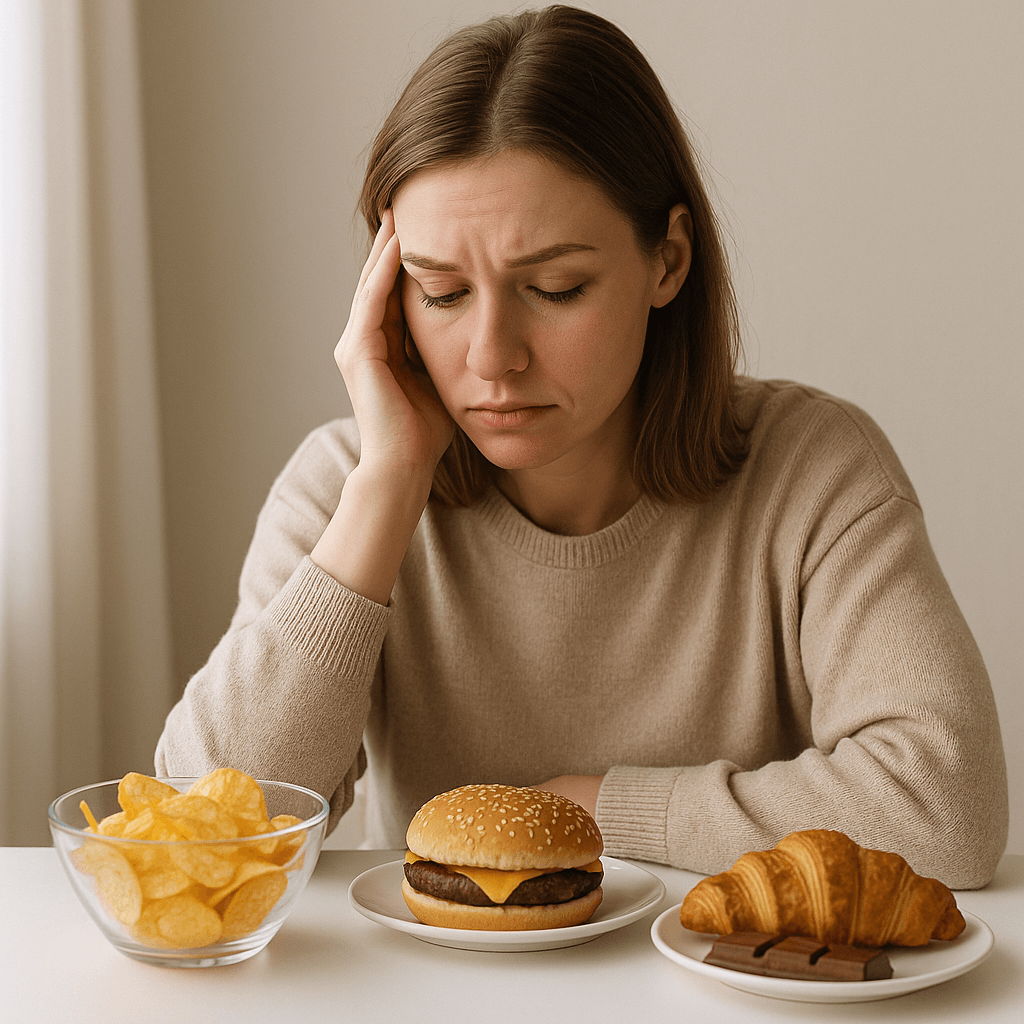 폭식 욕구 줄이는 심리 다이어트 전략 맥락에서 스트레스로 음식 앞에서 망설이는 모습