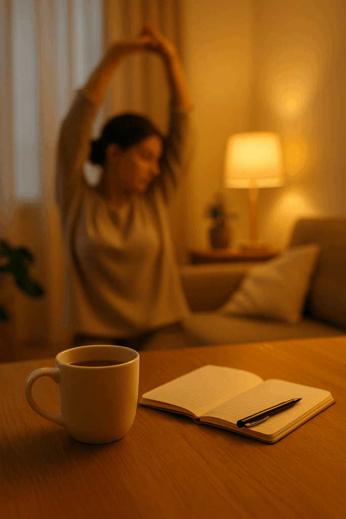 폭식 욕구를 줄이기 위한 따뜻한 자기 돌봄 루틴 장면