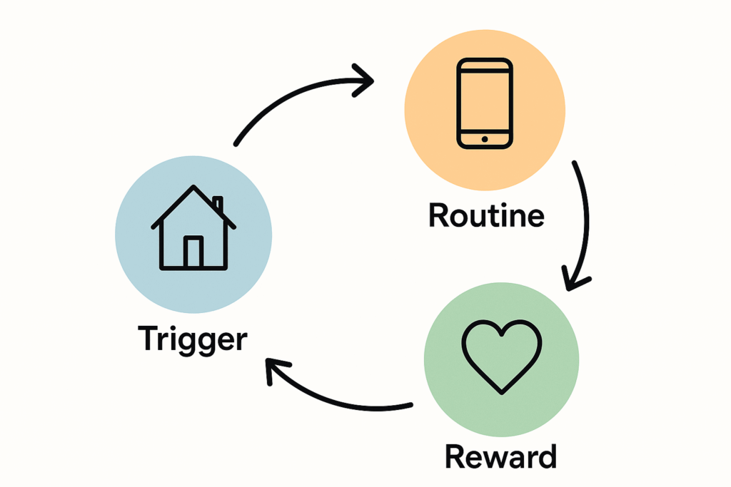 야식 습관을 만드는 트리거, 루틴, 보상을 설명한 간단한 인포그래픽 구조