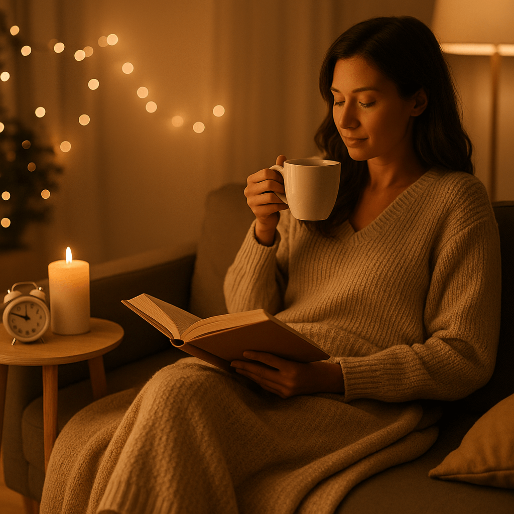 연말 야식 대신 차분한 휴식을 선택하는 저녁 루틴을 실천하는 여성의 모습