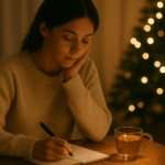 연말 야식 줄이는 방법을 고민하며 따뜻한 조명 아래에서 노트를 작성하는 모습