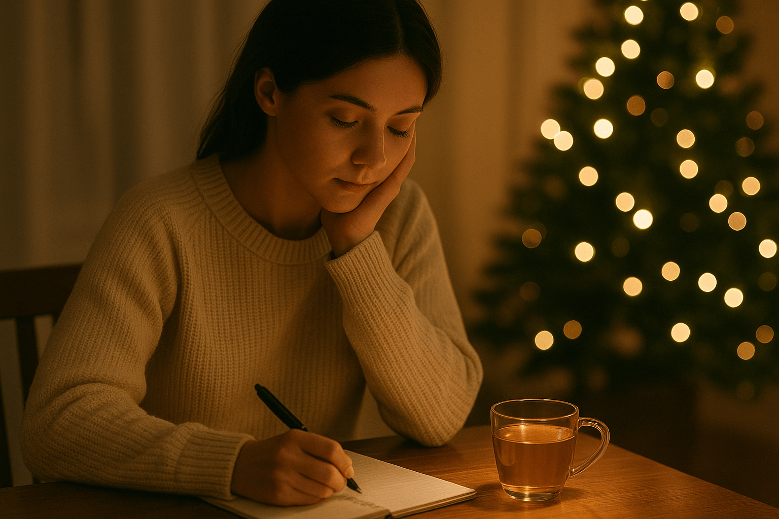 연말 야식 줄이는 방법을 고민하며 따뜻한 조명 아래에서 노트를 작성하는 모습