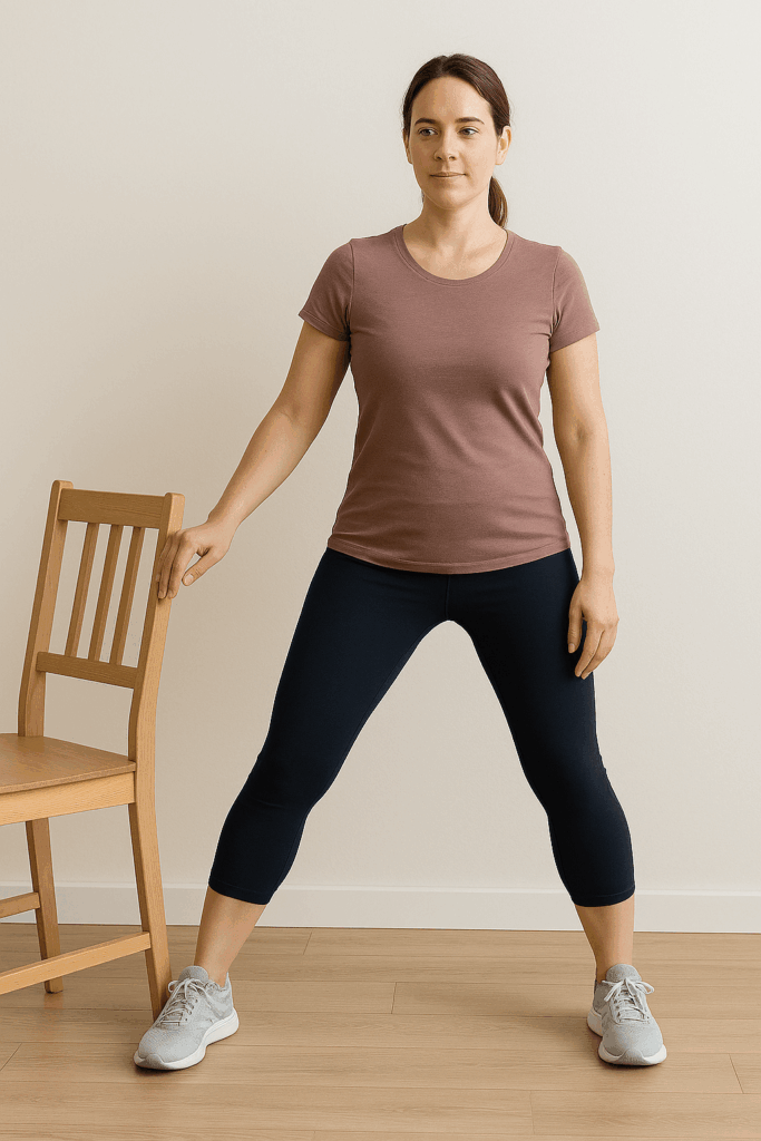 의자를 가볍게 잡고 좌우로 천천히 이동하는 산후 산모의 하체 균형 회복 운동 장면, 골반 정렬 유지 구도