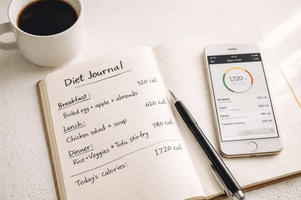 다이어트 실패 이유를 분석하기 위해 식단과 생활 패턴을 기록하는 모습